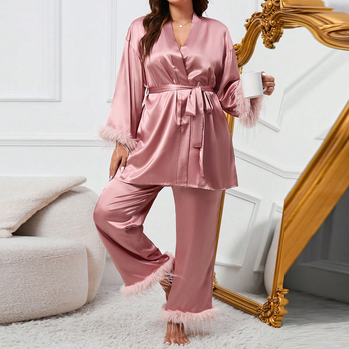 D050【谭韵女装】 大码家居服套装毛毛款长袖上衣+长裤睡衣32203