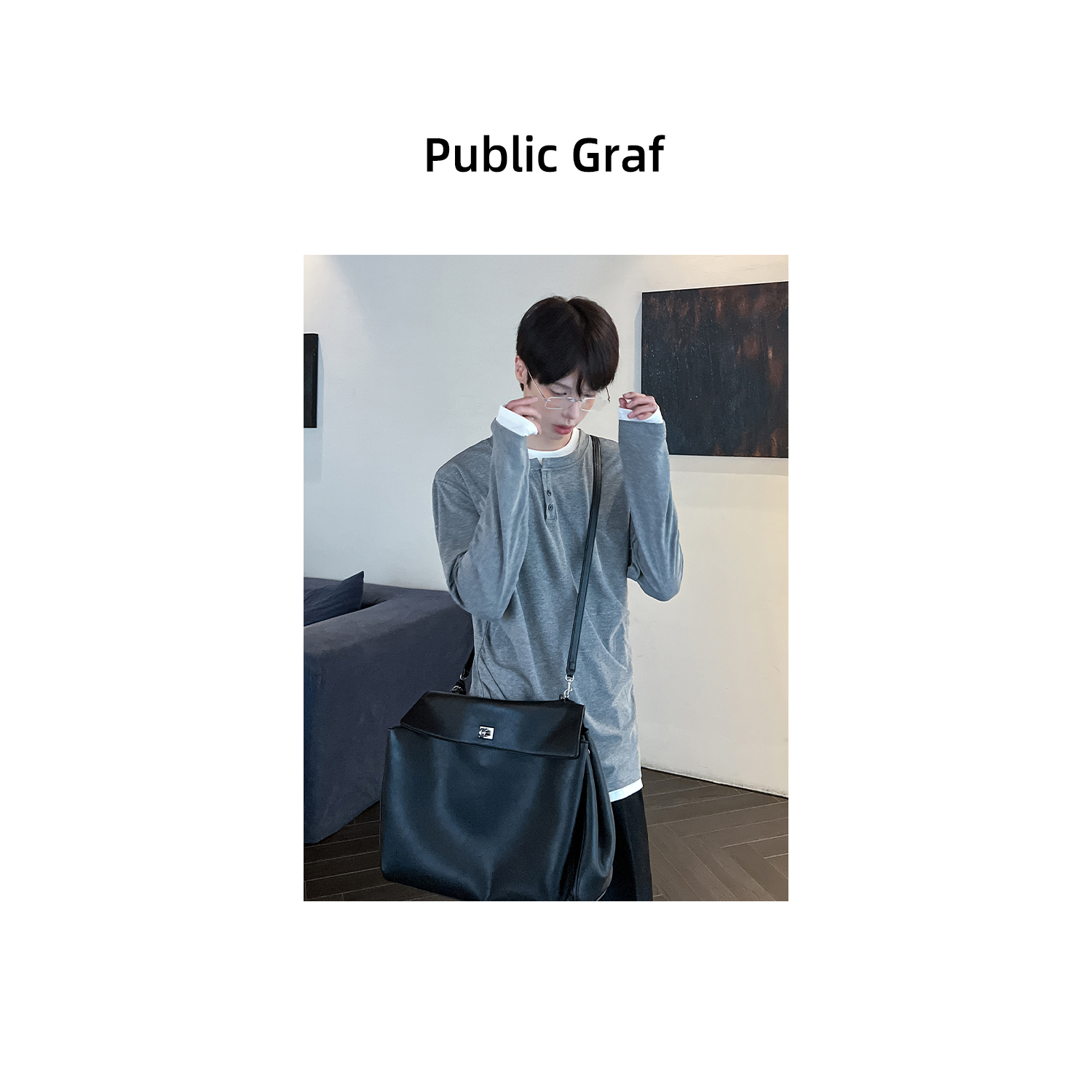 高林凡 四季百搭韩版休闲百搭假两件半开衫设计感长袖t恤男打底衫