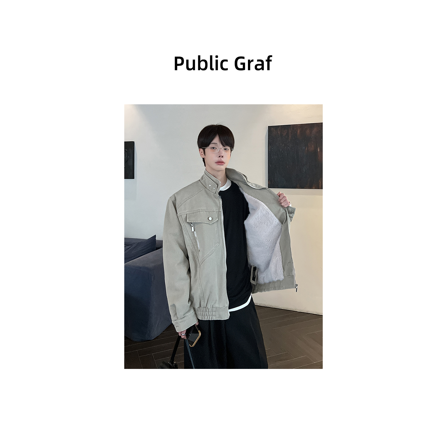 高林凡 秋冬座山雕加绒加厚外套男cleanfit重磅帆布水洗棉服夹克