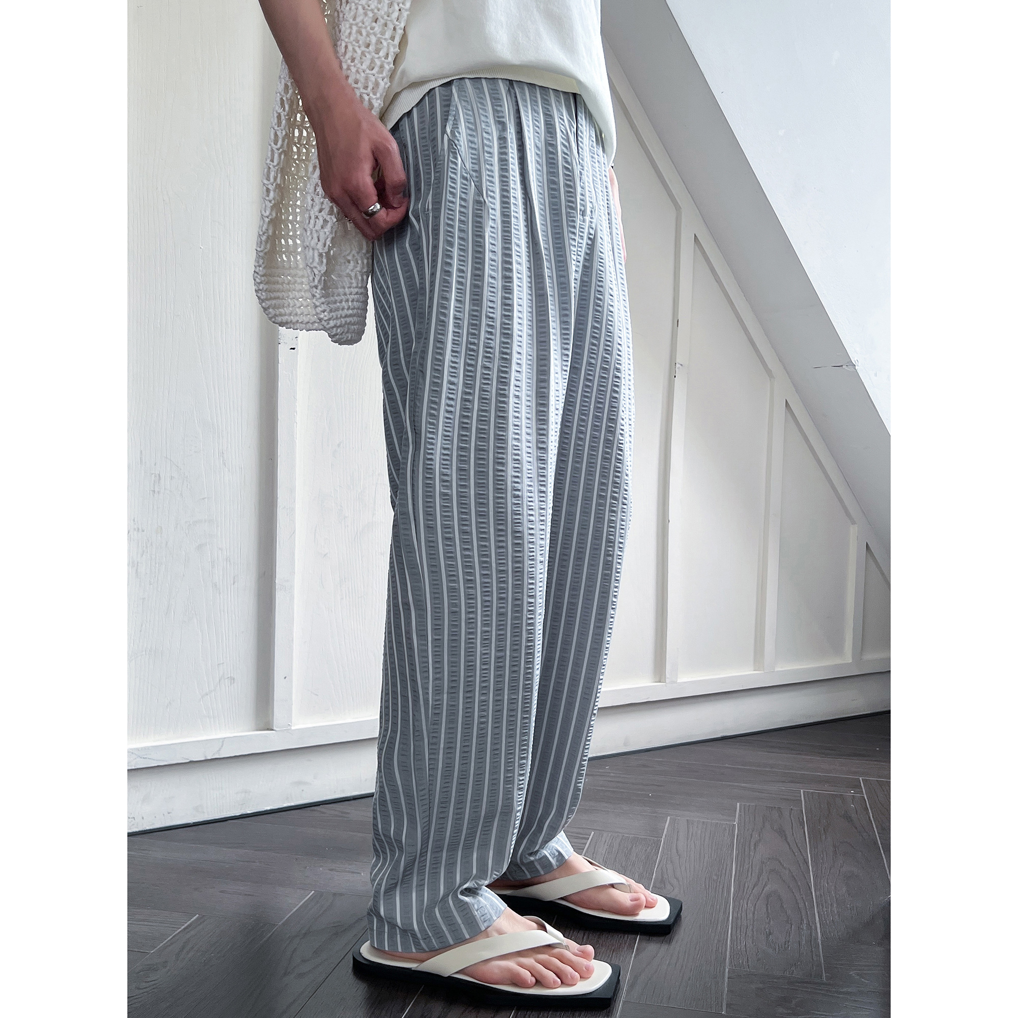 高林凡 透气纹理感休闲裤条纹垂感阔腿男士宽松直筒休闲长裤