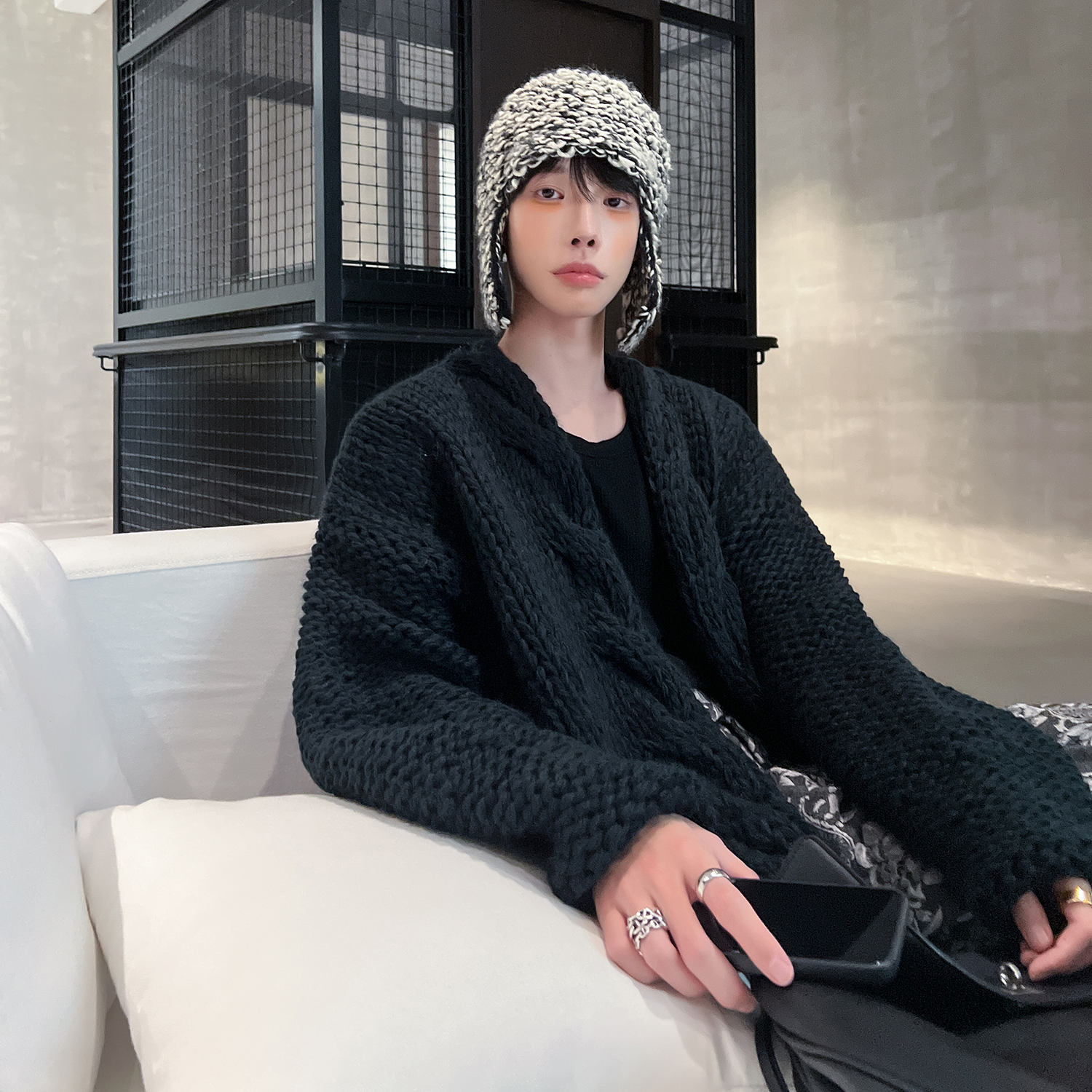 高林凡 韩版无扣长袖开衫男秋冬设计感慵懒风休闲宽松毛衣外套