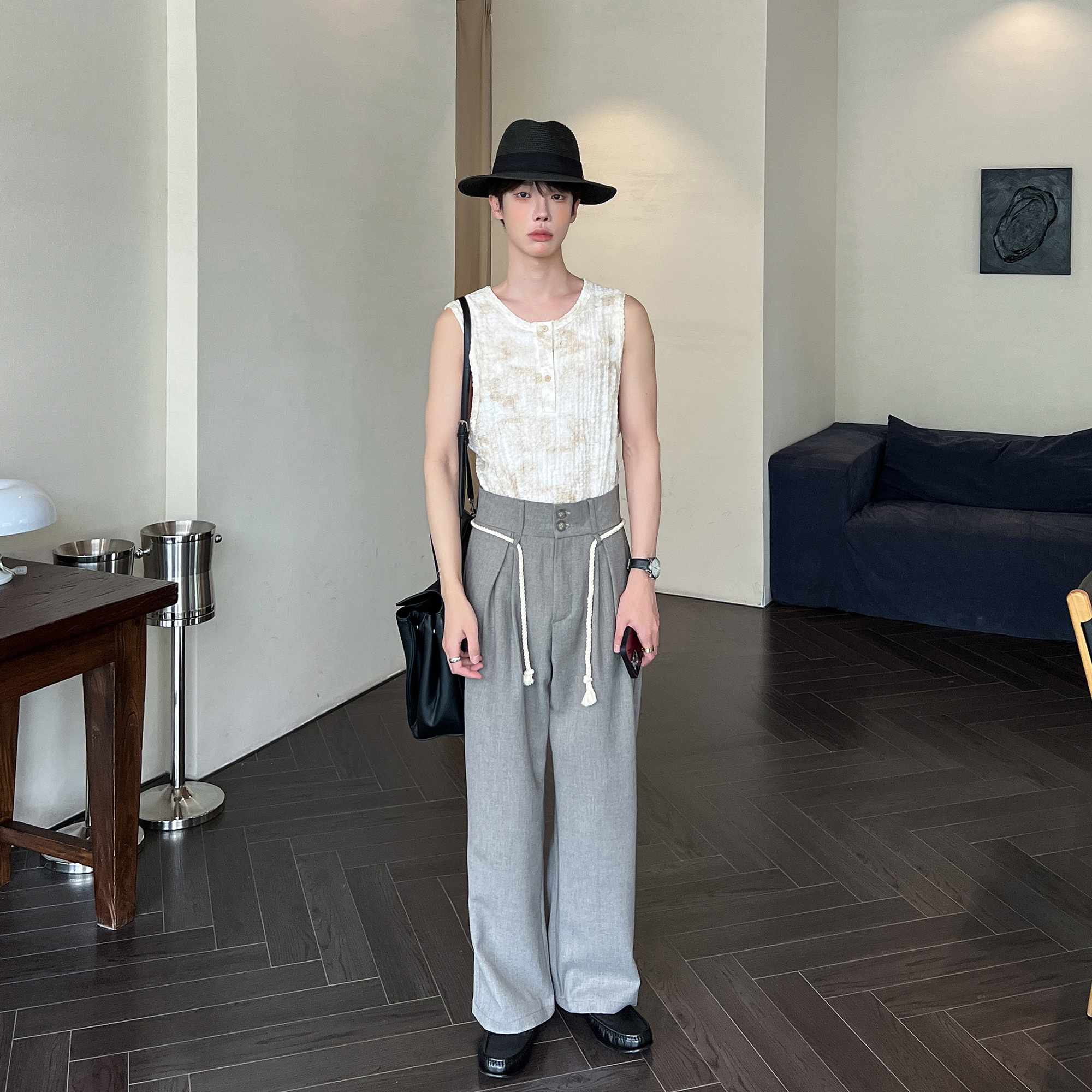 高林凡 韩版简约纯色垂感西裤男女休闲直筒宽松百搭阔腿时髦长裤