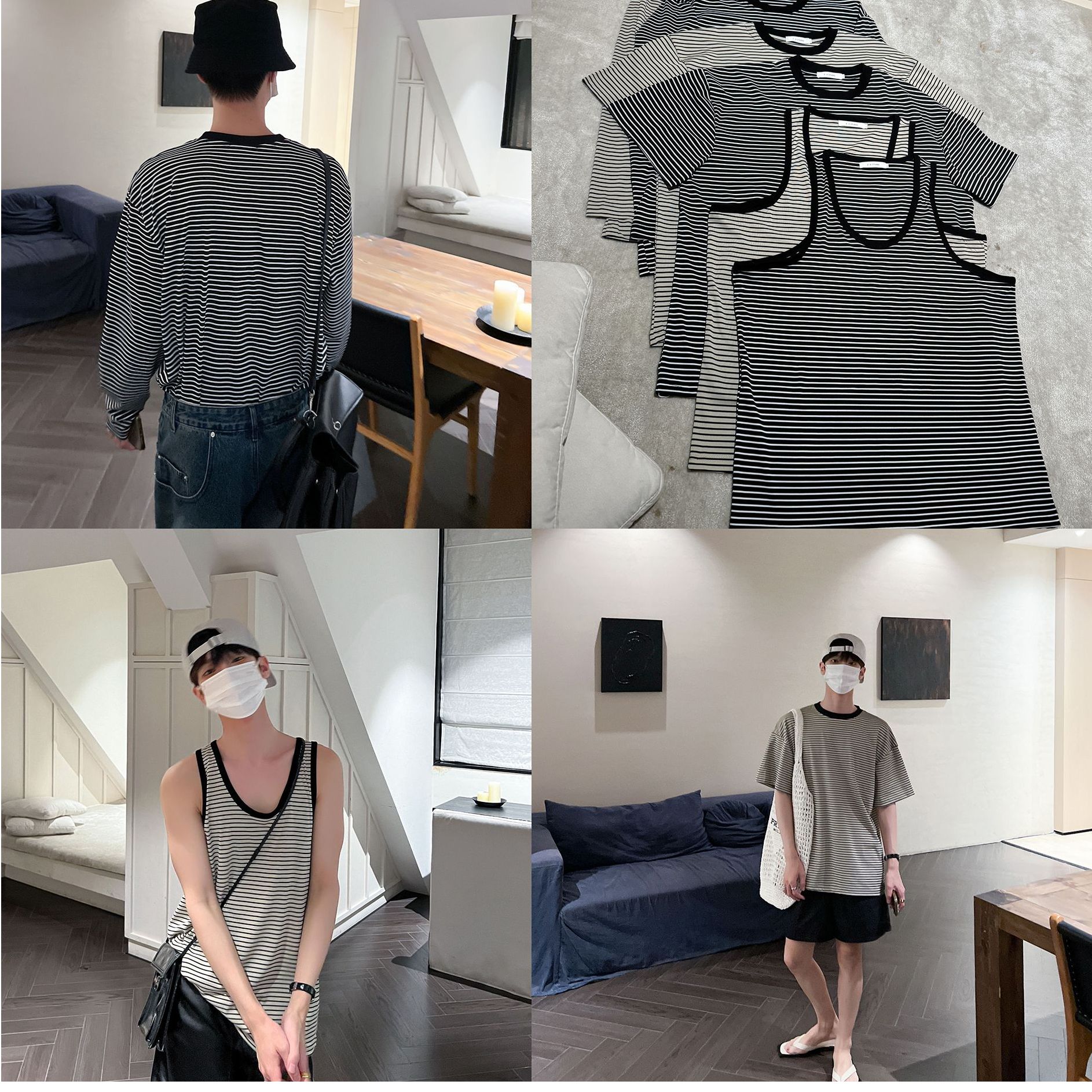 高林凡 韩版条纹三件套撞色无袖背心男女宽松ins高级感坎肩休闲