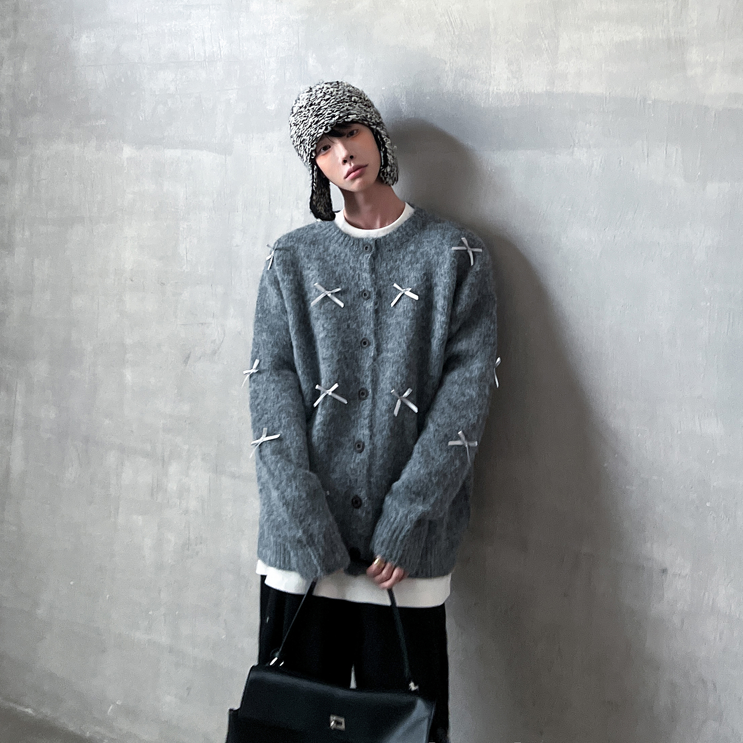 高林凡 慵懒风蝴蝶结毛衣男设计感针织衫开衫外套男