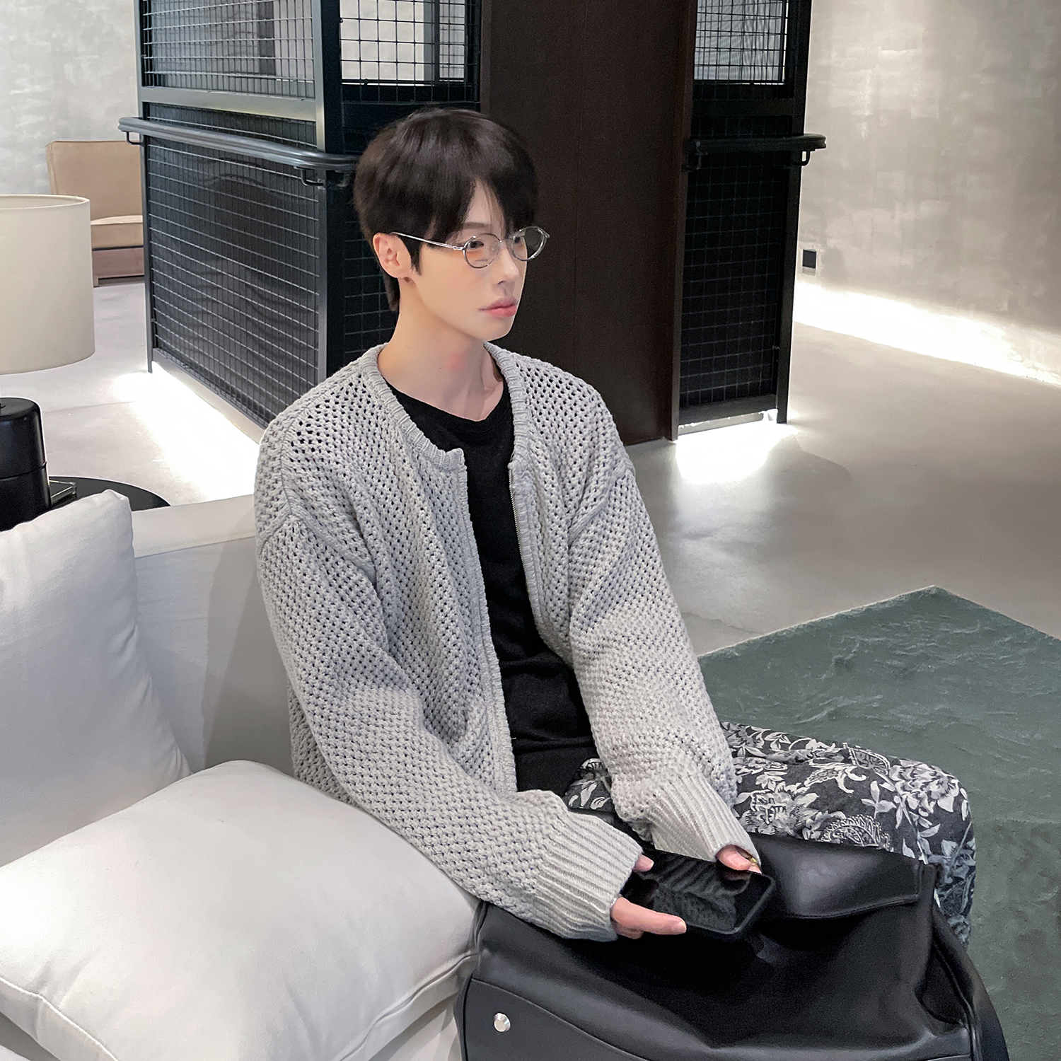 高林凡 纯色早秋休闲镂空长袖针织开衫男薄款韩版简约宽松针织衫