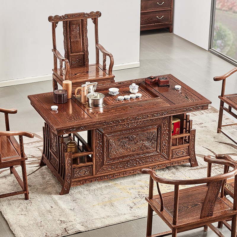 红木家具鸡翅木战国茶桌双用办公茶艺桌仿古雕刻泡茶台