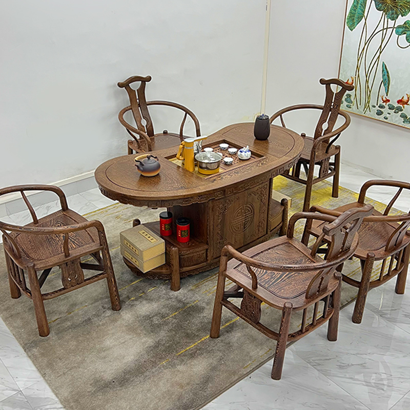 国标红木家具鸡翅木腰型茶桌双用办公桌茶室桌商铺接待艺术泡茶台