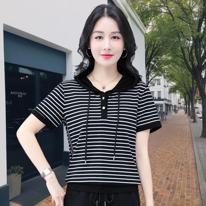 加大2024年显瘦套头透气高档卫衣女短袖棉妈妈装别致上衣时髦