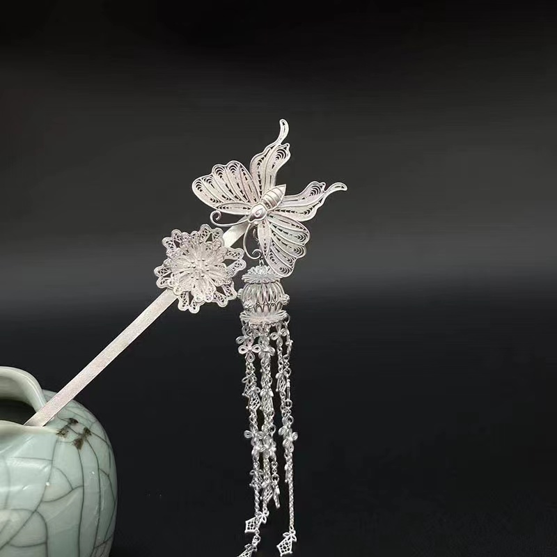 足银银制品 [银喜生]足银银制品国风中式蝶恋花灯笼发簪手工簪子