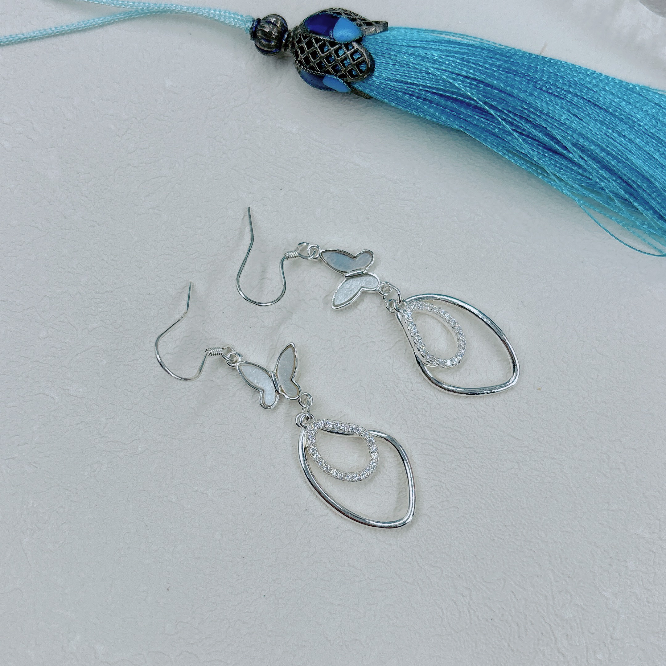 足银仿珍珠耳饰 【银喜生】足银纯银蝴蝶水滴耳饰