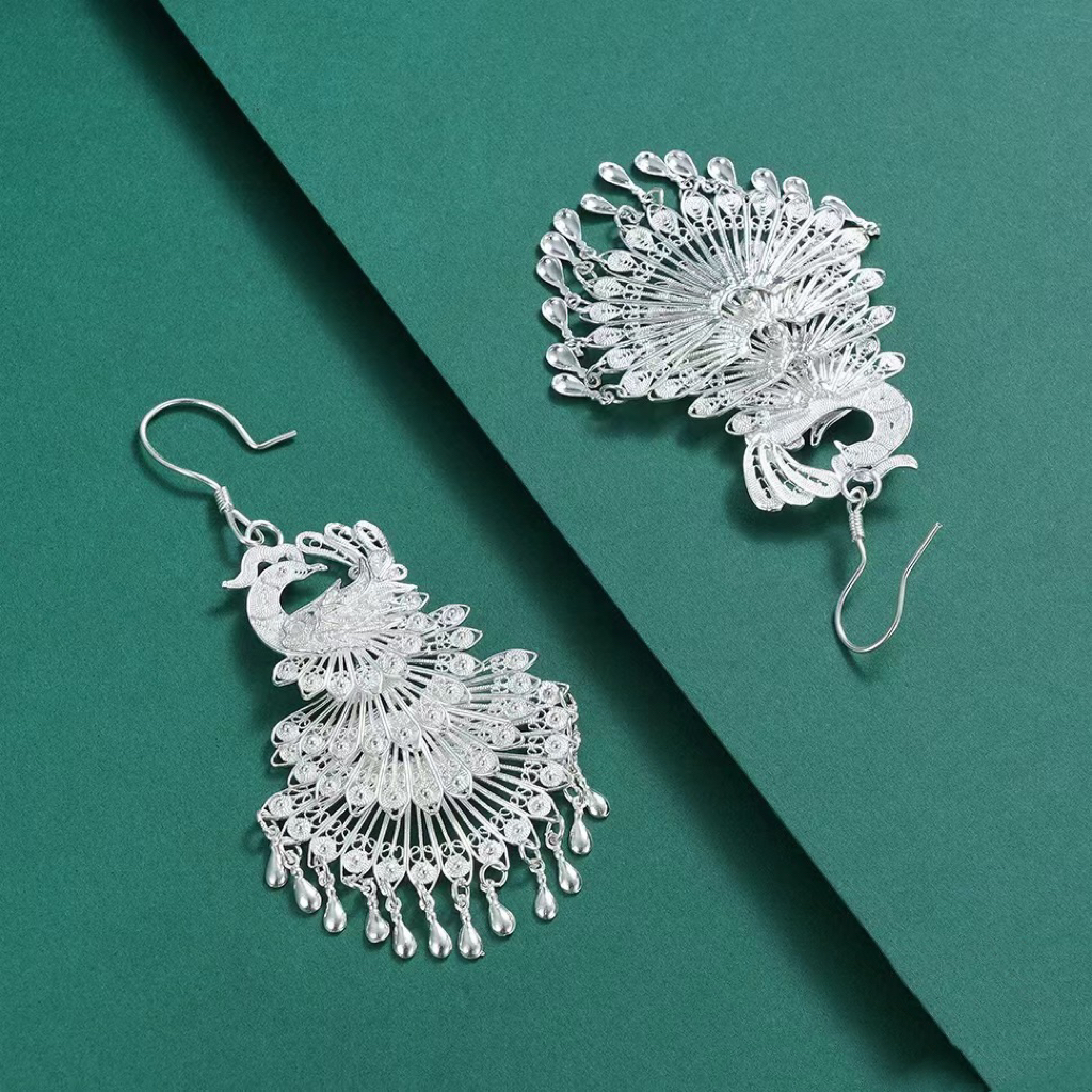 足银耳饰 耳坠掐丝民族风耳环[银喜生]足银花丝凤回头耳饰长款