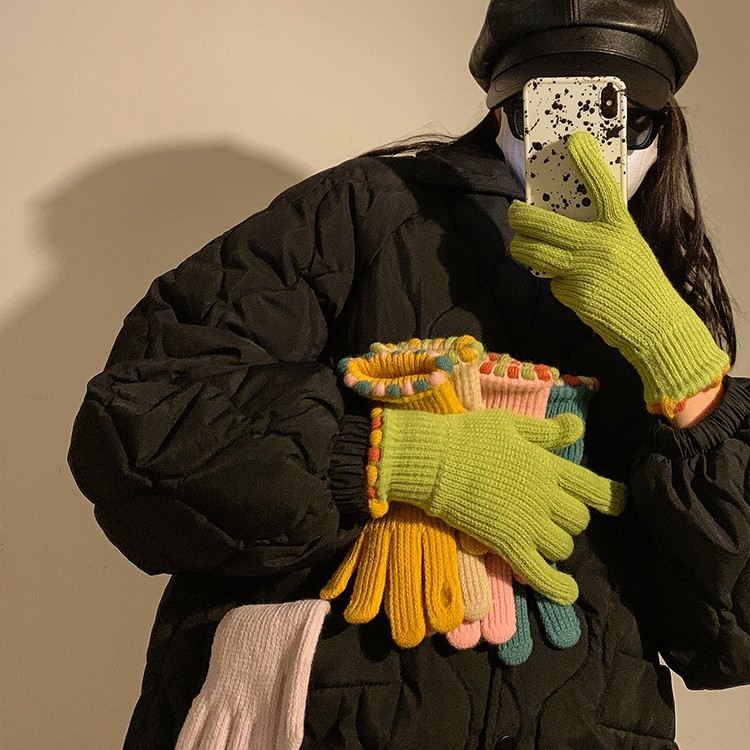 小糖豆毛线针织手套女款冬季2023新款韩版触屏保暖防寒骑车露二指