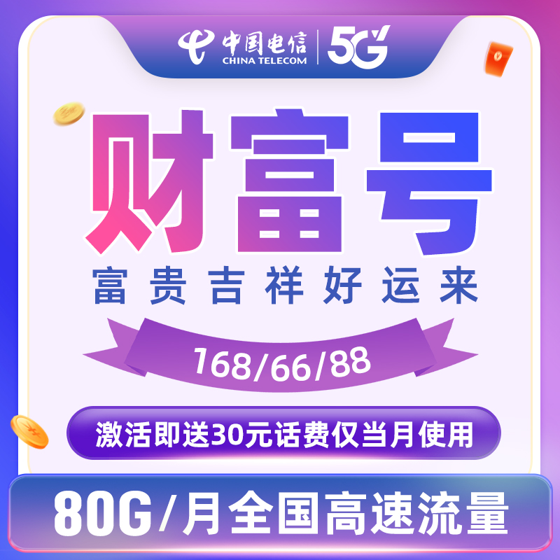 【财富号】湖南电信星卡月享80GB流量财富号上网卡hk杰