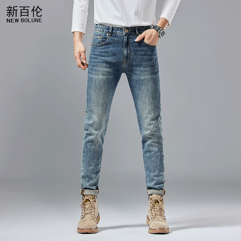 新百伦高端牛仔裤男秋冬新款弹力休闲百搭小直筒牛仔长裤男潮裤子