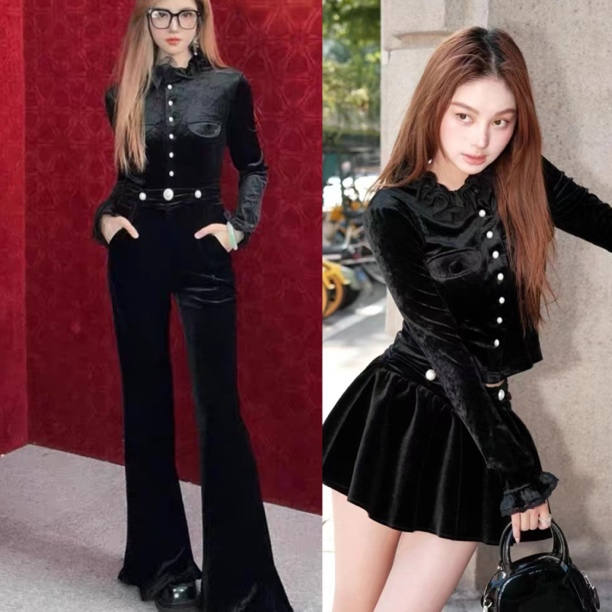 辰辰服饰木子店秋冬新款丝绒上衣半裙裤子