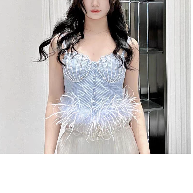 辰辰服饰夏季蓝色钉珠贝壳羽毛吊带背心