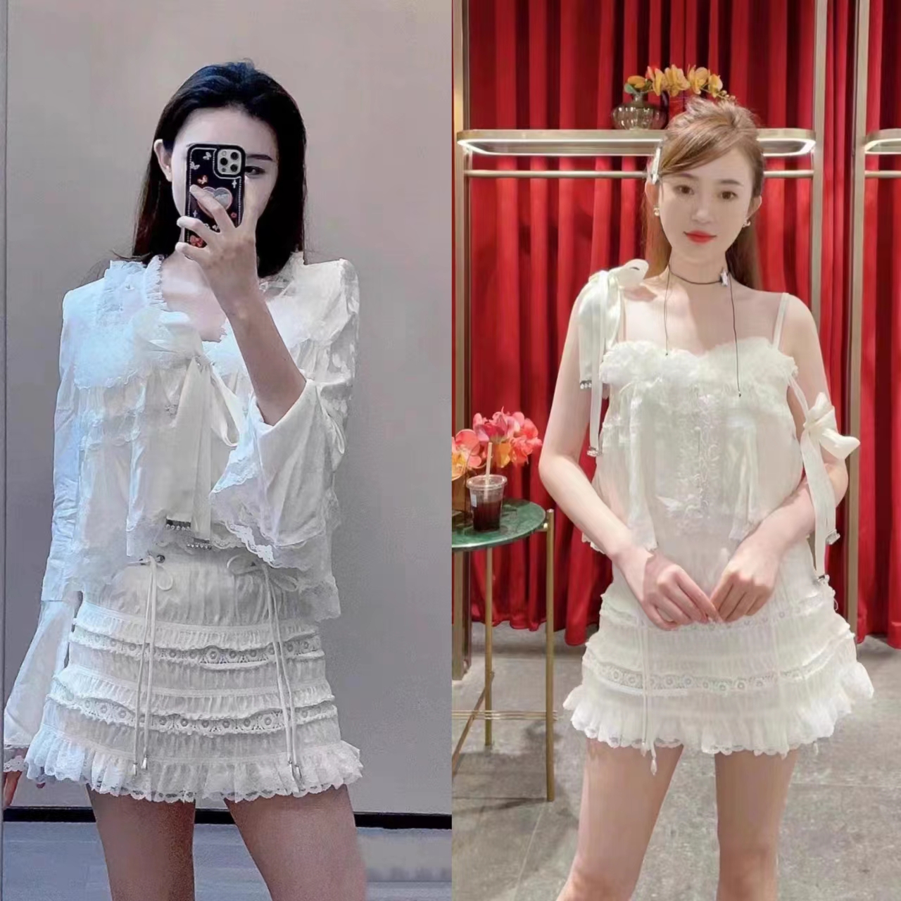 辰辰服饰春夏提花缎面蕾丝荷叶边拼接吊带半裙外套