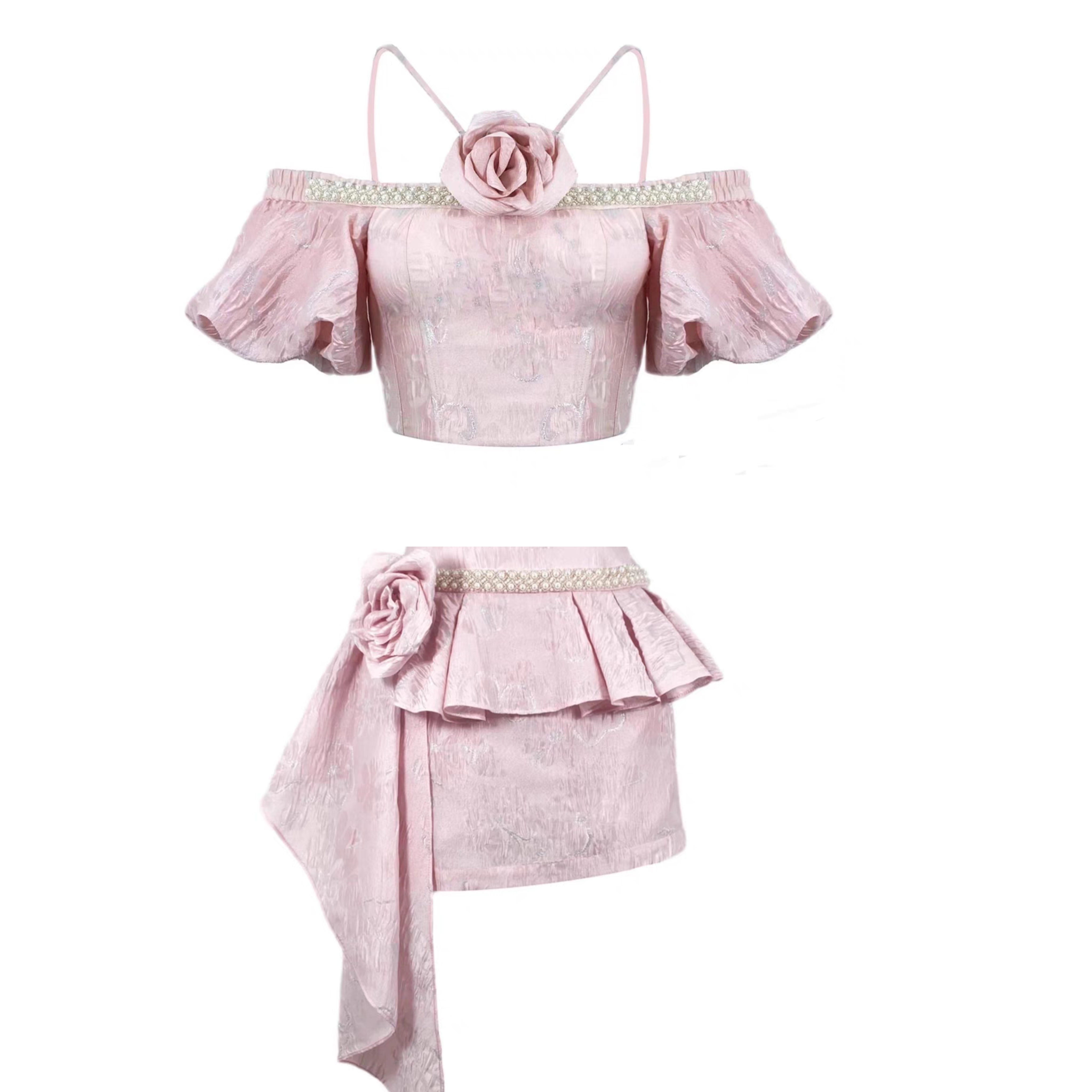 洋芋方方新款粉色一字肩泡泡袖半裙上衣