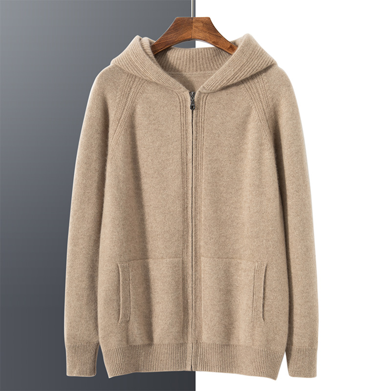 LP同款YKK拉链开衫连帽针织100%纯山羊绒帽衫男毛衣外套加厚带兜