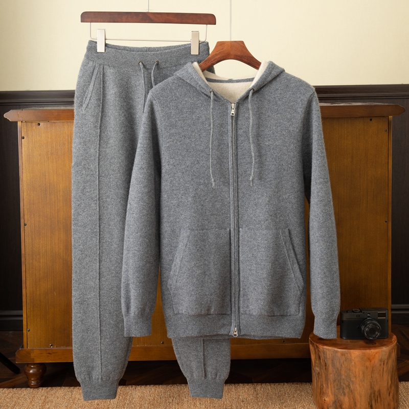 100%纯山羊绒衫男士套装空气层连帽拉链开衫加厚羊绒长裤外穿