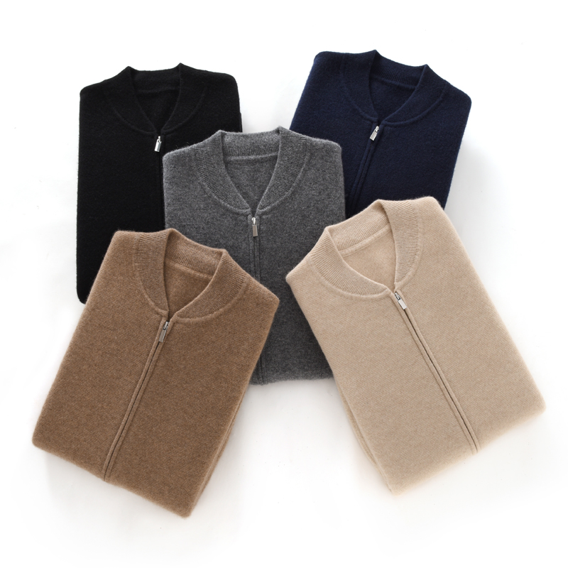 商务风棒球领四平空转针织外套100%纯山羊绒开衫男拉链带兜毛衣厚