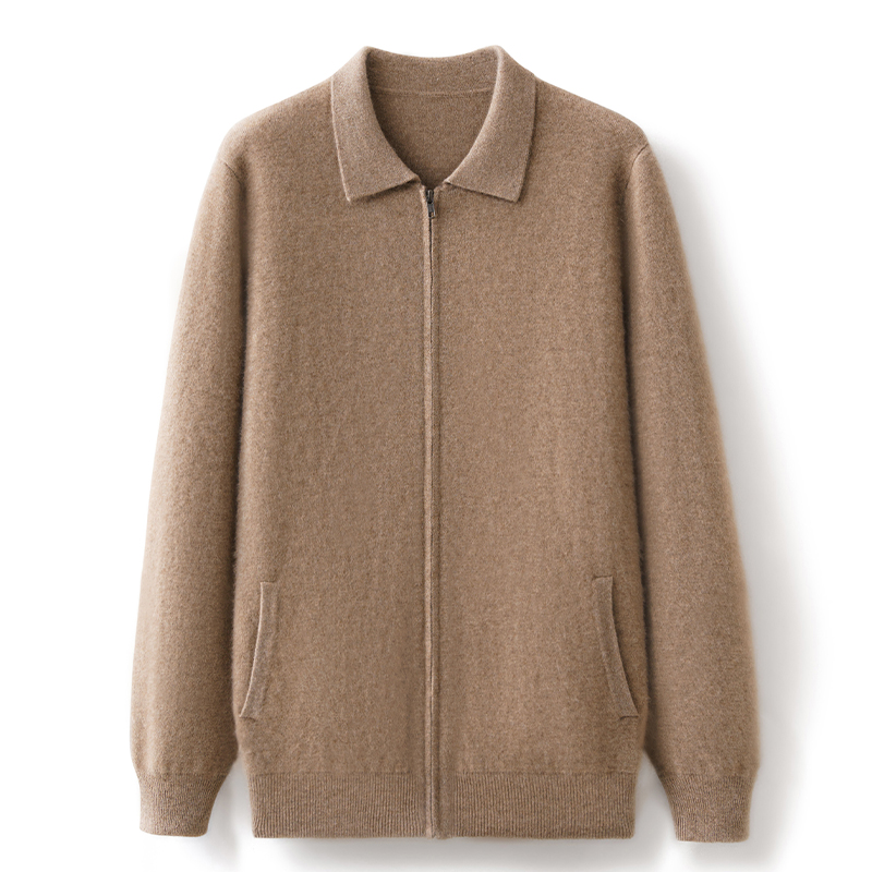 重磅空气层加厚开衫100%纯山羊绒外套男polo领毛衣带兜针织衫外穿