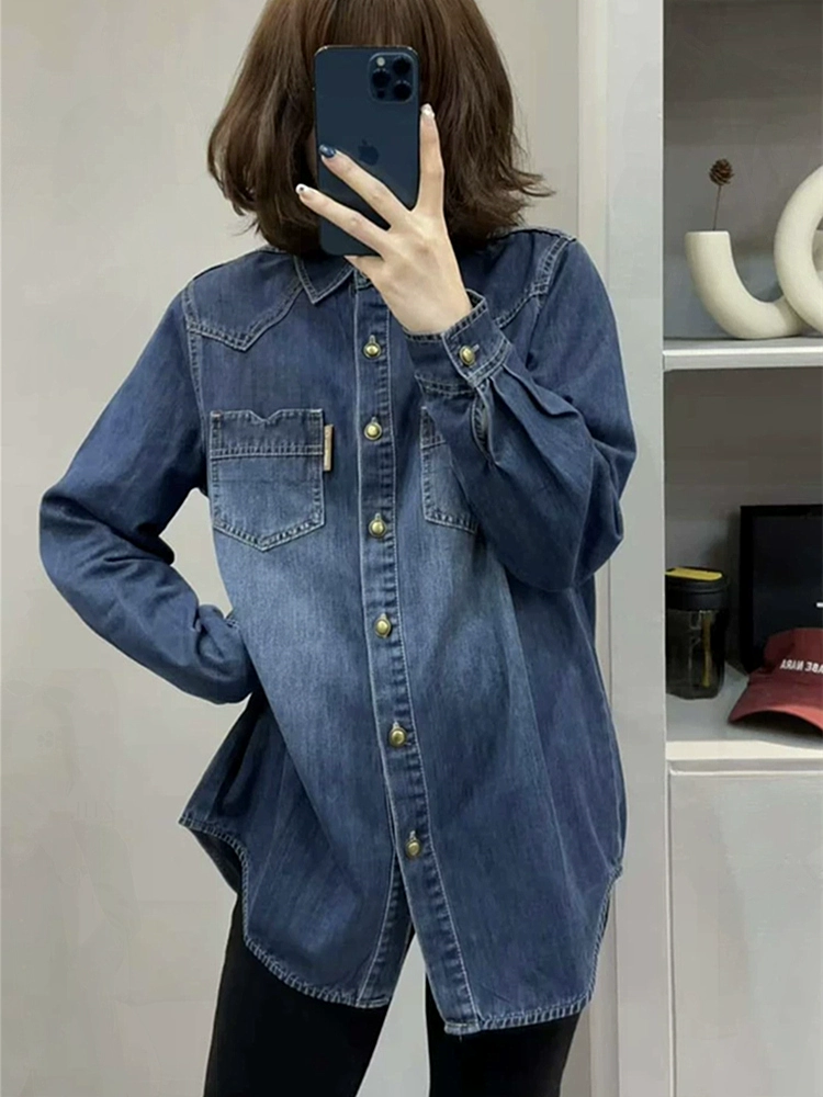 牛仔衬衫女秋冬新款小个子短款外套时尚宽松休闲百搭叠穿衬衣上衣