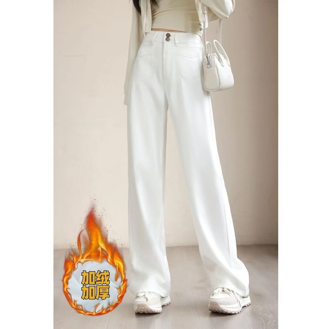 XQ609#奶白色加绒加厚秋冬高定版双排扣窄版阔腿女米米白色牛仔裤