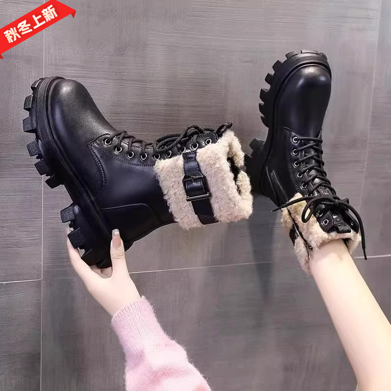意尓康靴子2023新款冬季加绒保暖东北雪地棉鞋女厚底粗跟软皮马靴