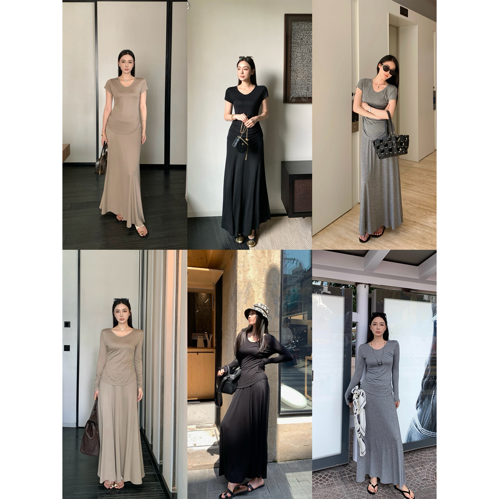  周淼ZHOUMIAO莱赛尔松弛感抽褶修身长短袖T恤A字半裙ZM24G8426Z