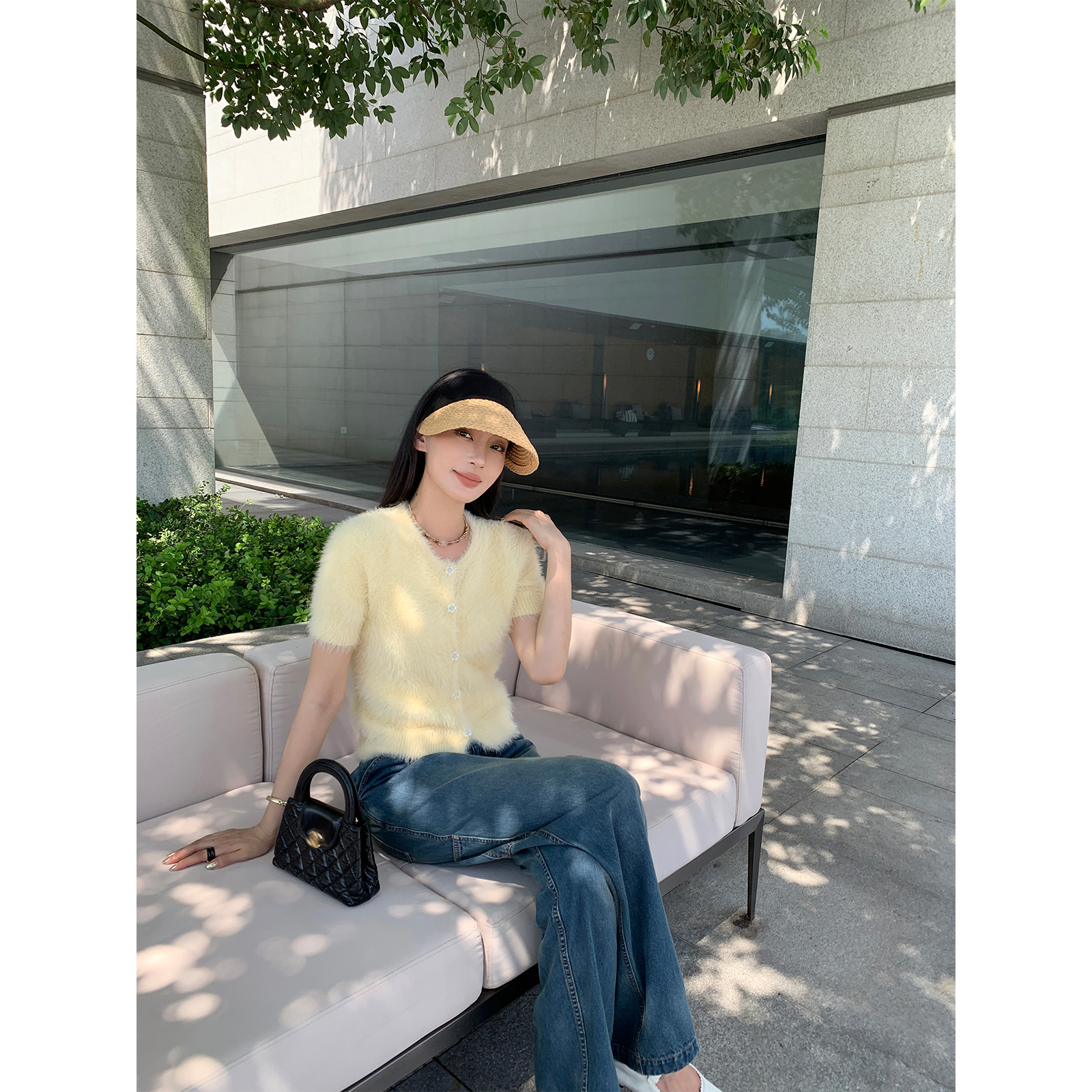周淼ZHOUMIAO仿貂毛开衫空气层织法气质早秋圆领上衣女ZM24M6353S