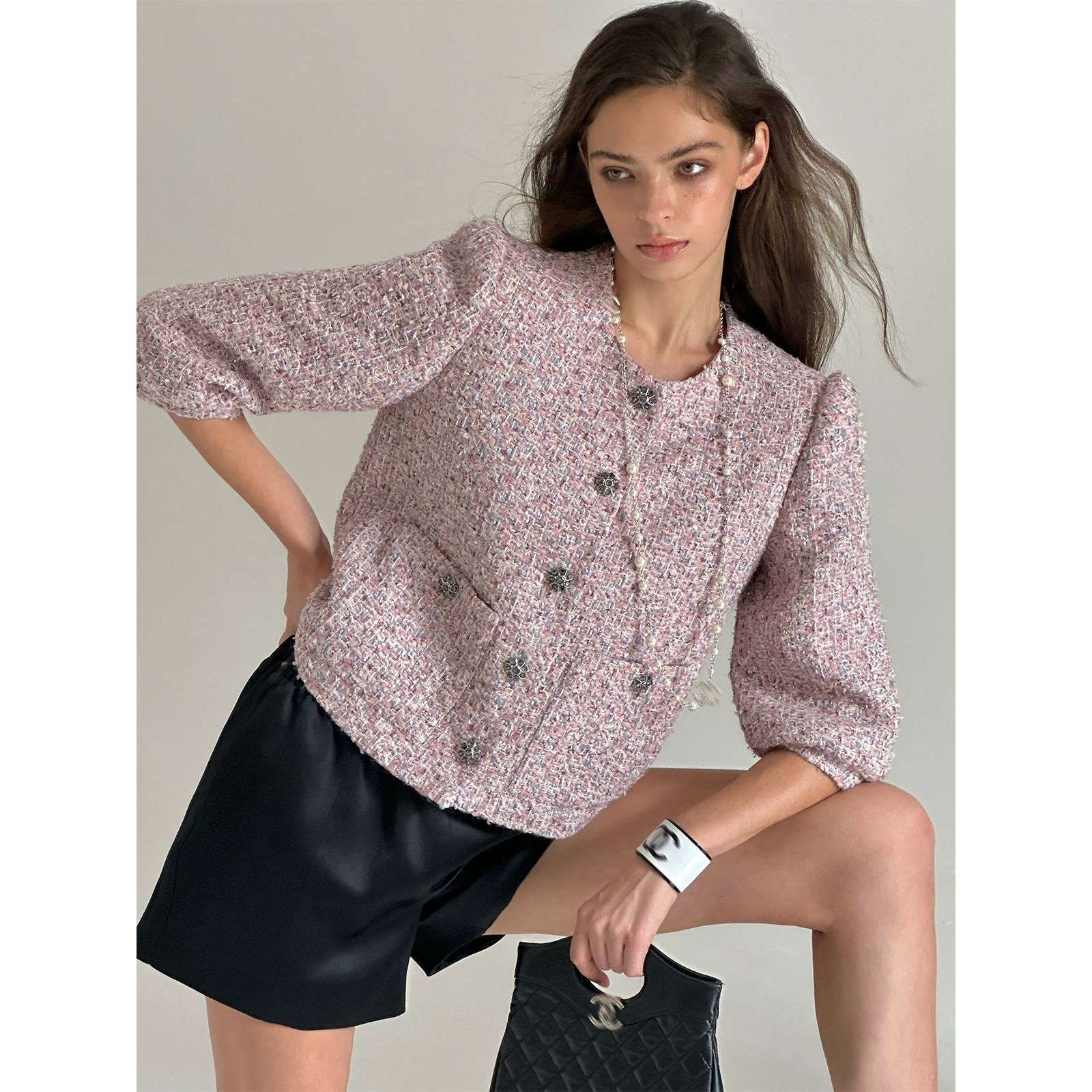 周淼ZHOUMIAO绵纱线亮片短款小香外套优雅上衣女ZM24W6359S