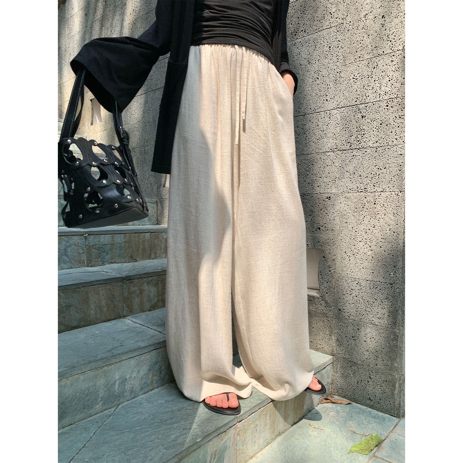 周淼ZHOUMIAO花苞松紧腰头垂坠感直筒印花休闲阔腿裤女ZM24K9237Y