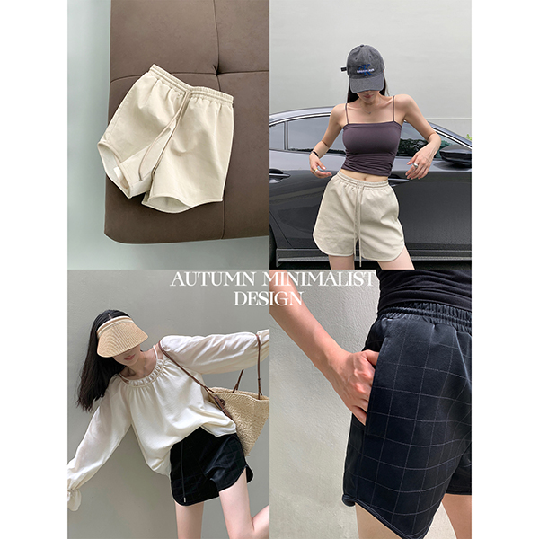 周淼ZHOUMIAO绒感PU皮 格纹绗线松紧腰A字皮短裤ZM23K8024W