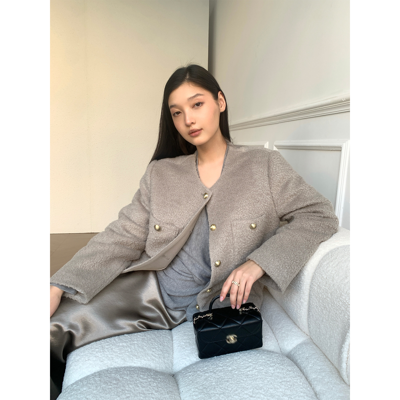 周淼ZHOUMIAO定制金色蘑菇扣含白鸭绒圈圈毛小香外套女ZM24X9395Y