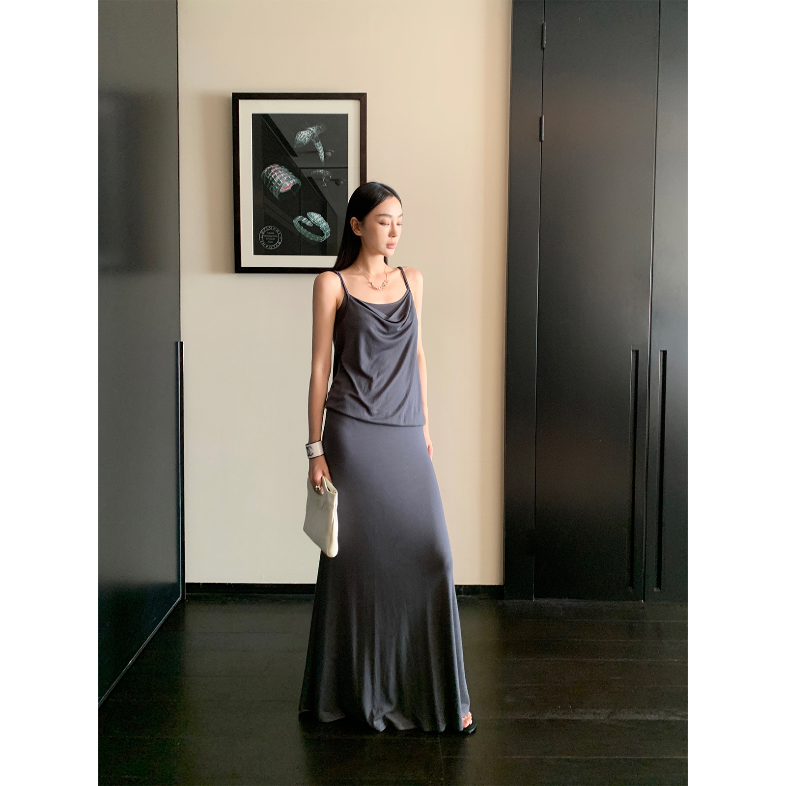 周淼ZHOUMIAO天丝美利奴混纺假两件吊带裙荡领连衣裙女ZM24L6321S