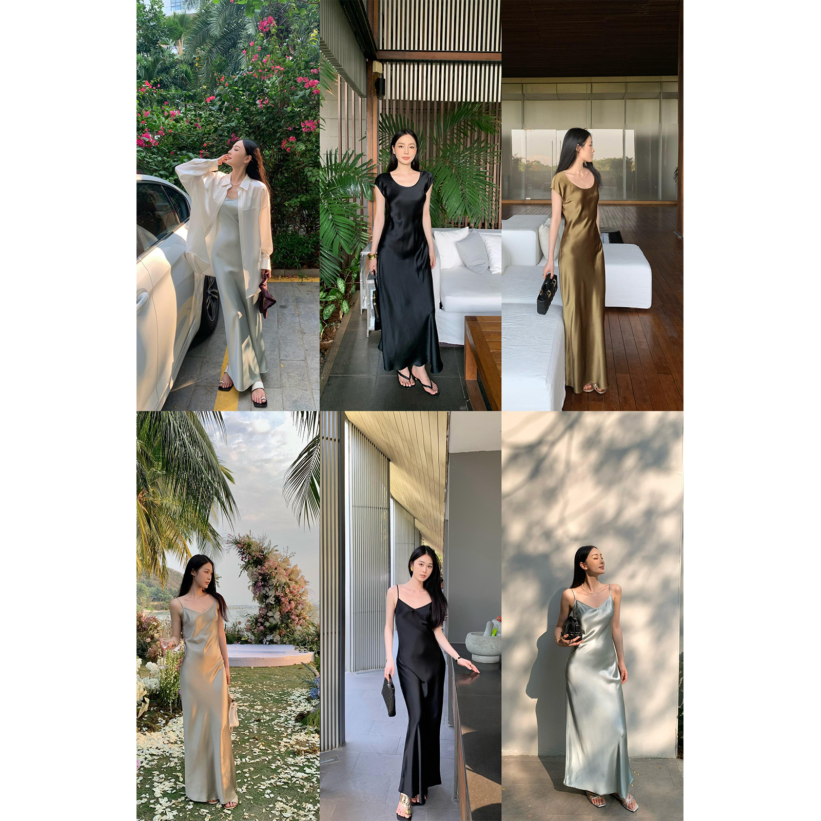 周淼ZHOUMIAO光泽缎面斜裁包肩袖连衣裙 V领吊带裙女ZM24L6279B