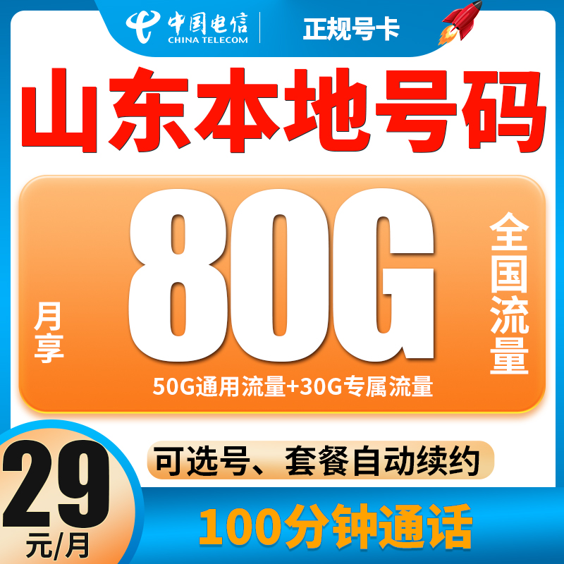 【山东专属】电信星卡手机卡电话卡流量卡本地归属地选号自动续约5G