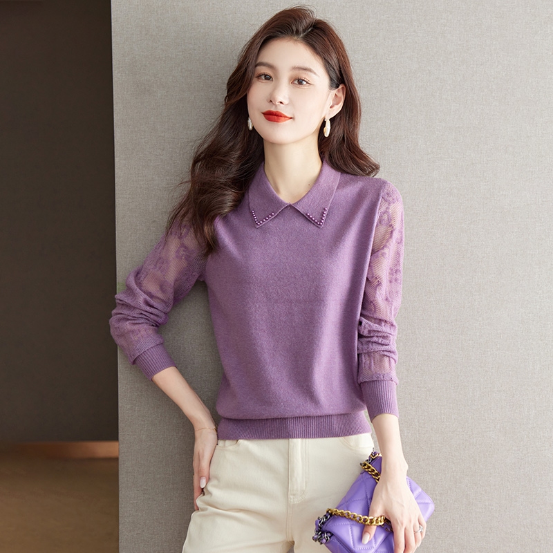 啄木鸟polo领针织衫女秋季2023新款紫色内搭翻领毛衣洋气高贵打底
