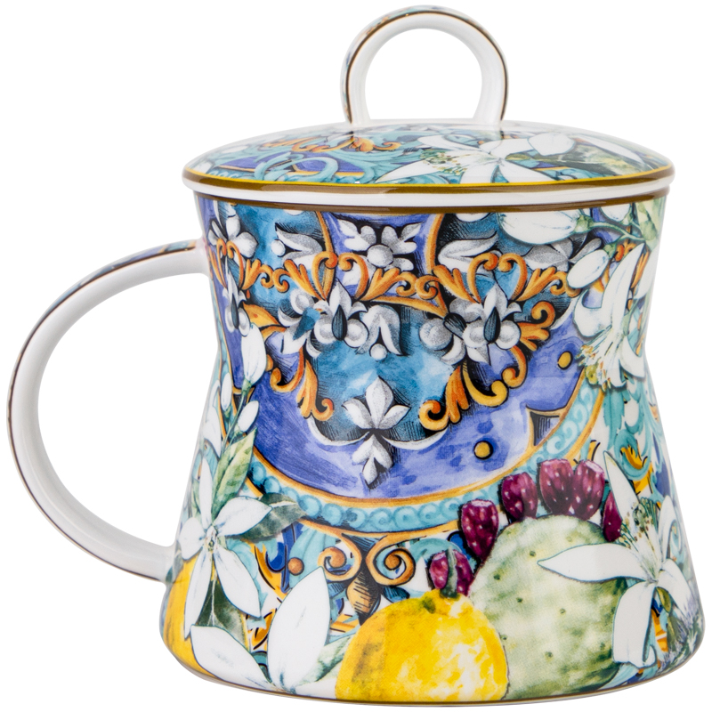 【TD家】 400ML 白花蓝盖 太阳剧院大本钟八字杯 盖杯高骨瓷 彩盒装