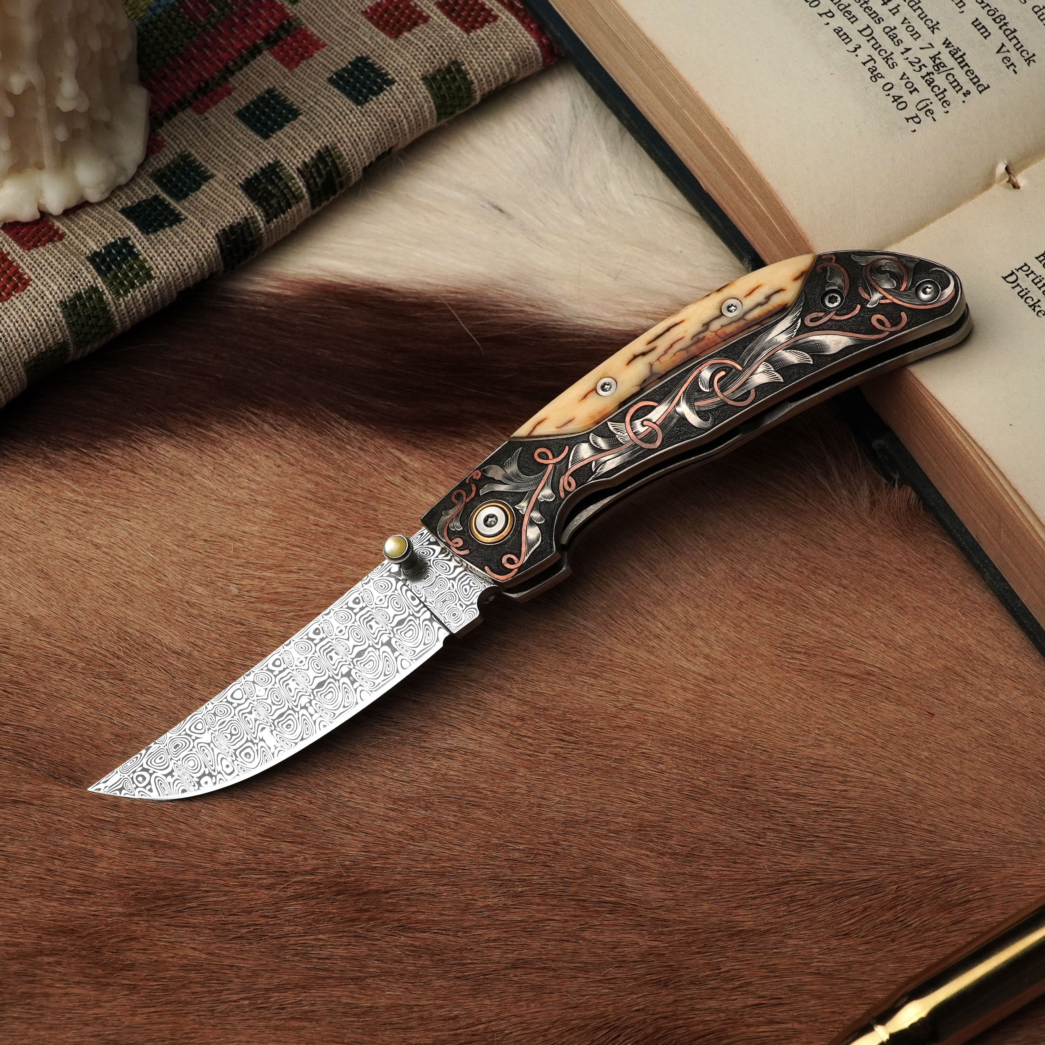 钱塘锻冶瑞典进口大马士革钢绅士小折户外刀