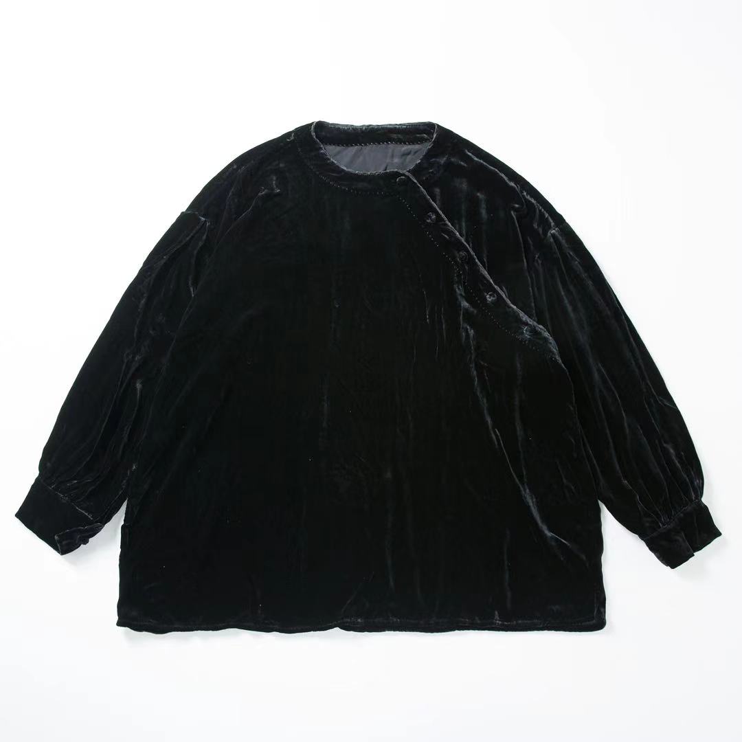 小文｜直播间开价九折 原创垒土S3013新中式丝绒斜襟黑色单层上衣