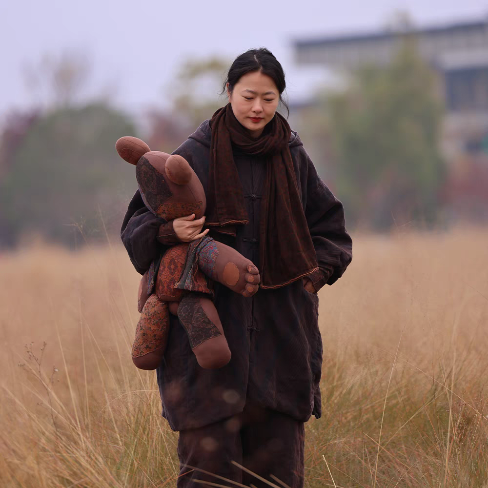 小文｜原创衣路走来38315亚麻条纹盘扣连帽中长款棉服186*100-85