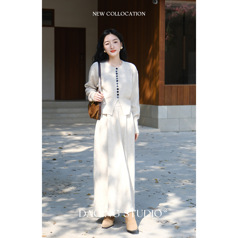 许大晴【清野山茶】D7A14 复古简约短款针织衫高腰半裙套装