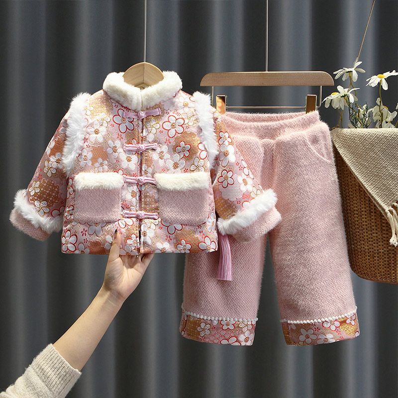 女童唐装加绒加厚儿童冬季新款中国风汉服过年宝宝新年拜年服套装