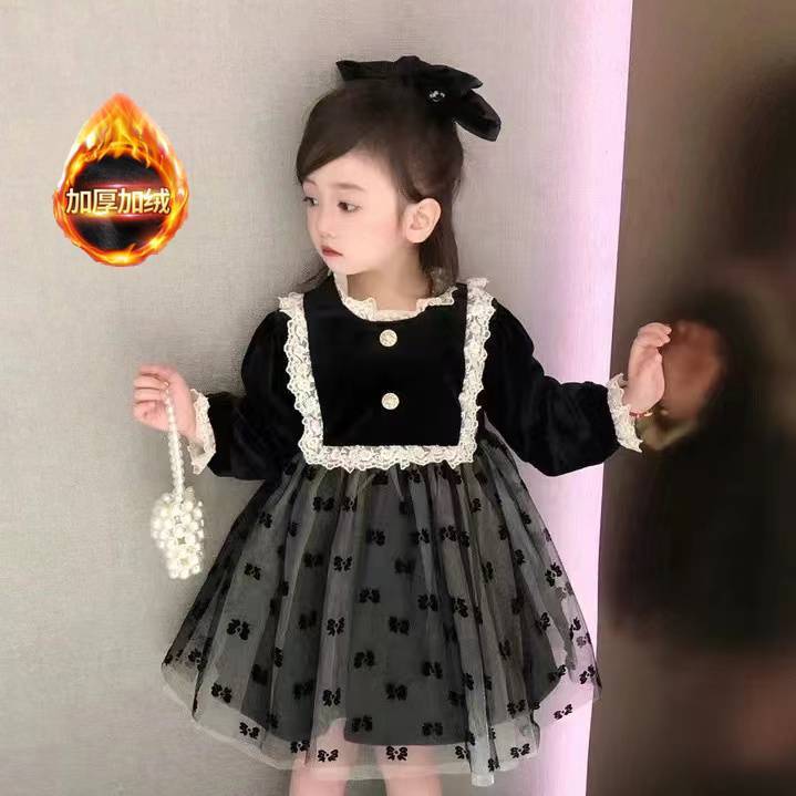 女童冬季连衣裙新款小女孩加绒韩版洋气宝宝蓬蓬网纱公主裙子