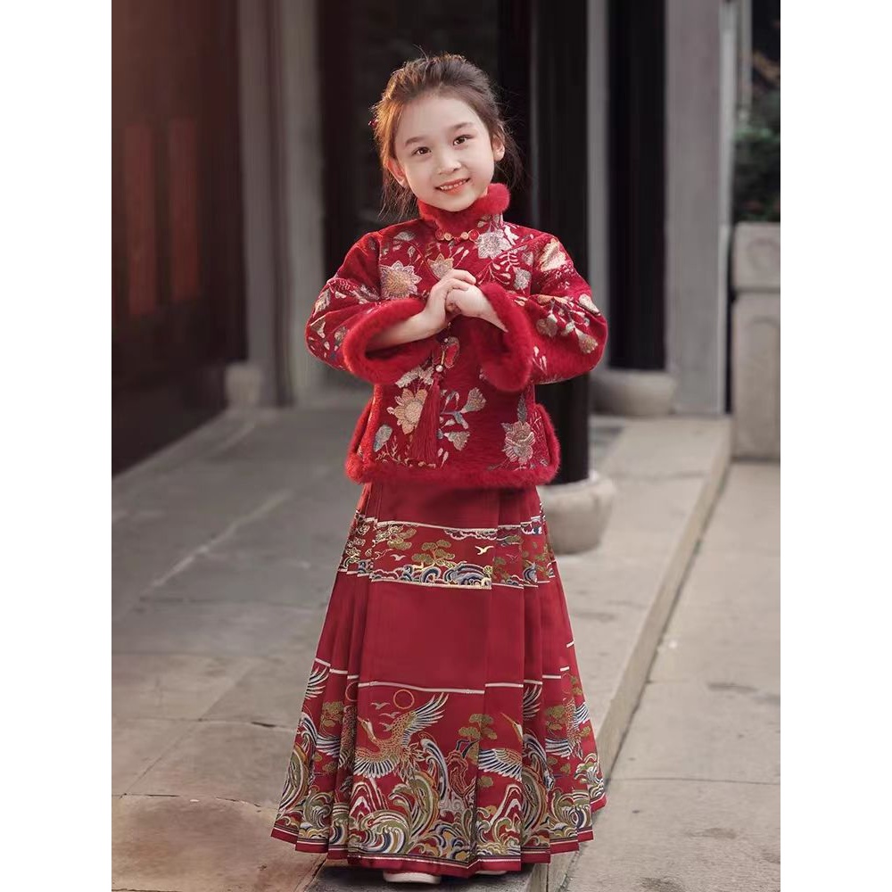 汉服女童马面裙套装长袖加绒加厚唐装红色过年新年装小女孩拜年服
