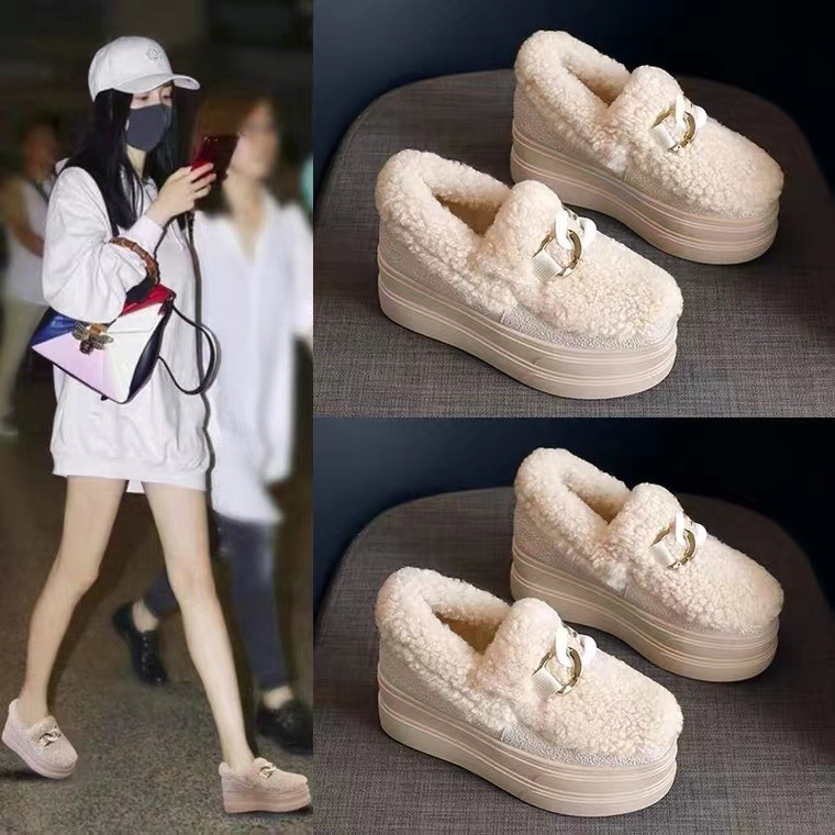 红蜻蜓牌毛毛鞋女冬外穿2022年新款加绒保暖棉鞋厚底松糕鞋内增高