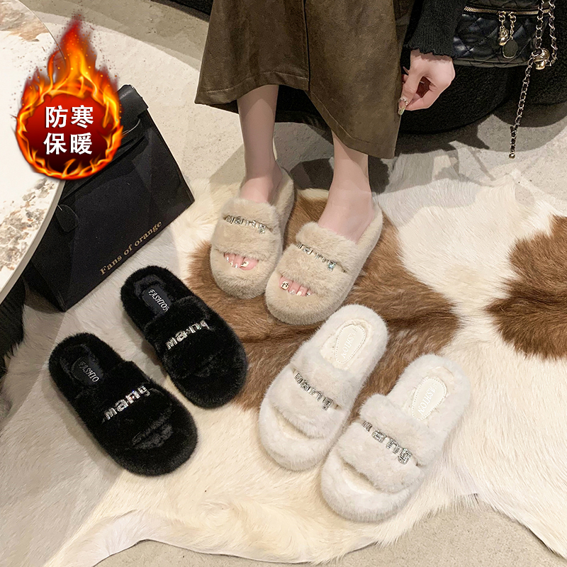 红蜻蜓牌厚底大码34-42毛毛拖鞋女外穿2023秋冬新款网红水钻小个