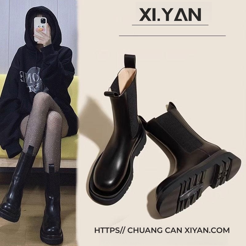 红蜻蜓牌烟筒靴女厚底马丁靴2023新款春秋爆款单靴切尔西烟管靴中